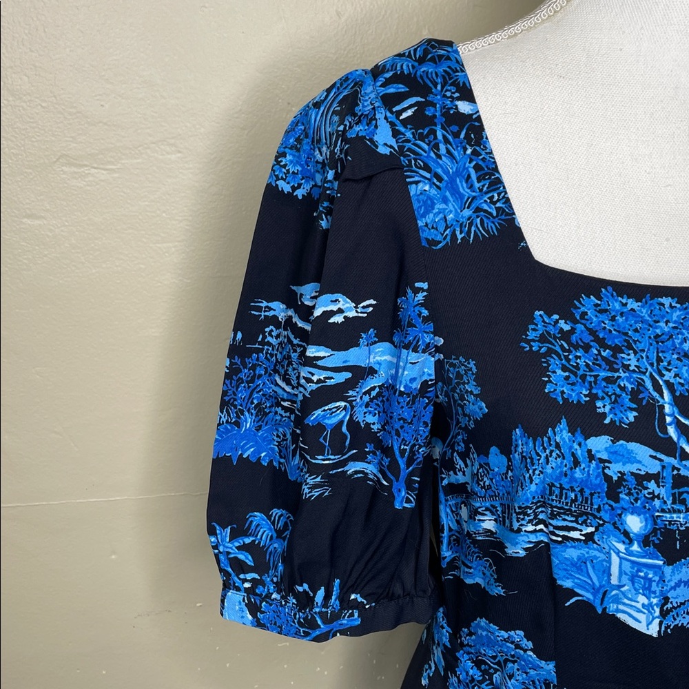 ANN TAYLOR Petite Blue & Black Floral Toile Square NIGHT SKY MIDI Dress 6P - Picture 6 of 15